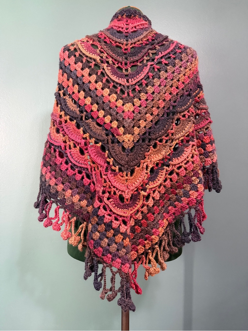 Handmade crochet shawl in earthy tones